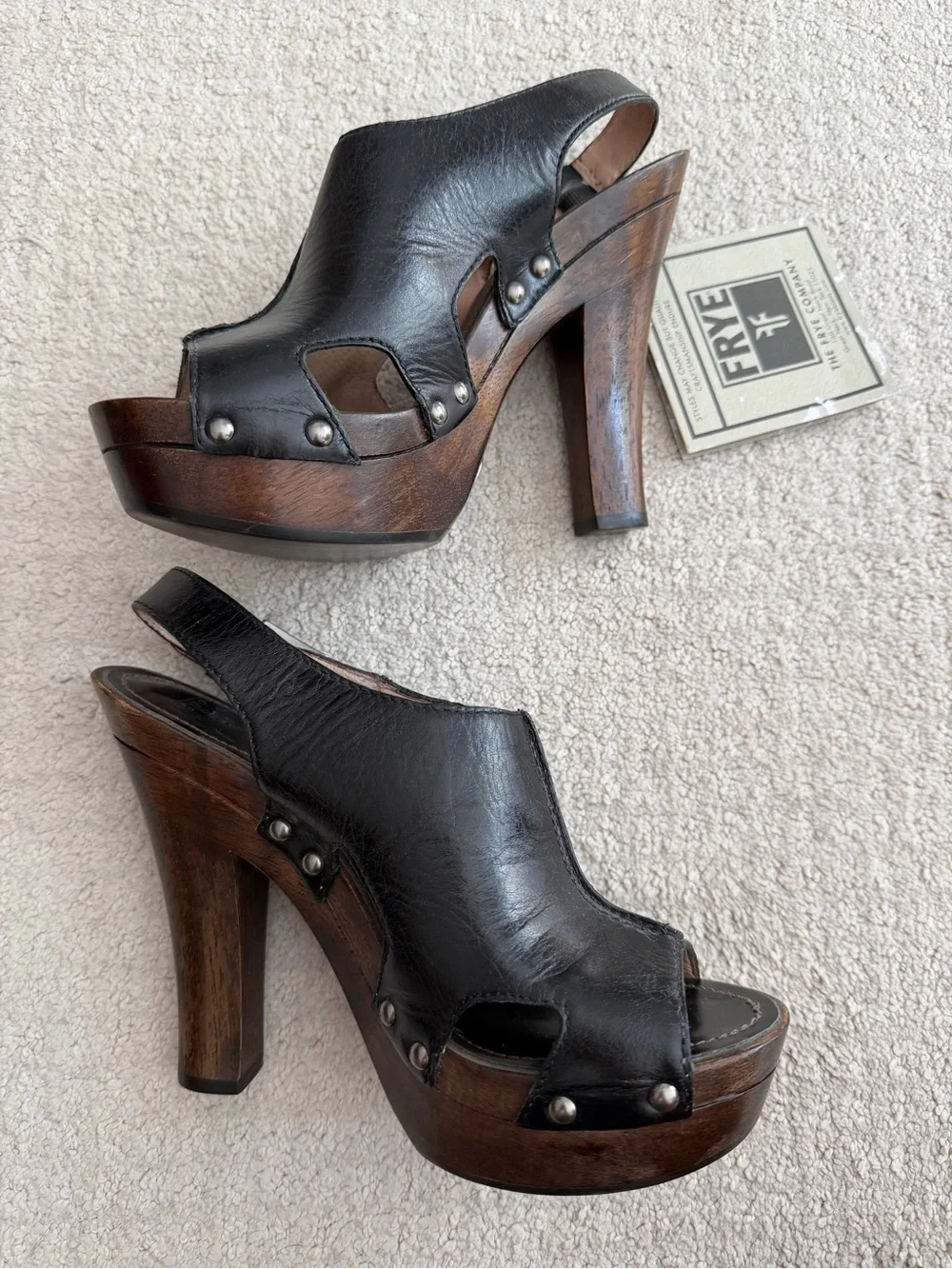 Frye Black Leather and Brown Wood Platform Slingback Heels